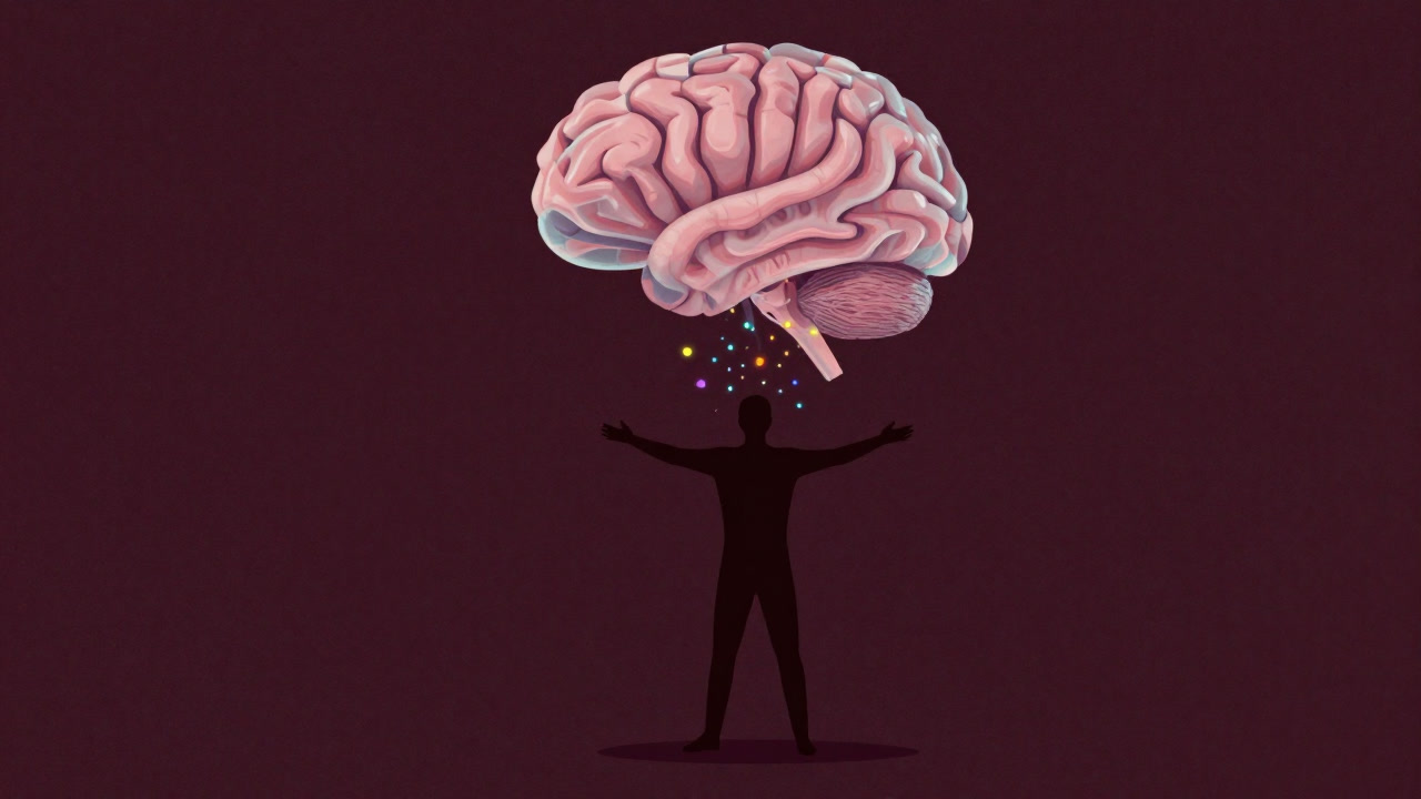 Illustration of a person bathing in colorful particles emanating from a brain silhouette