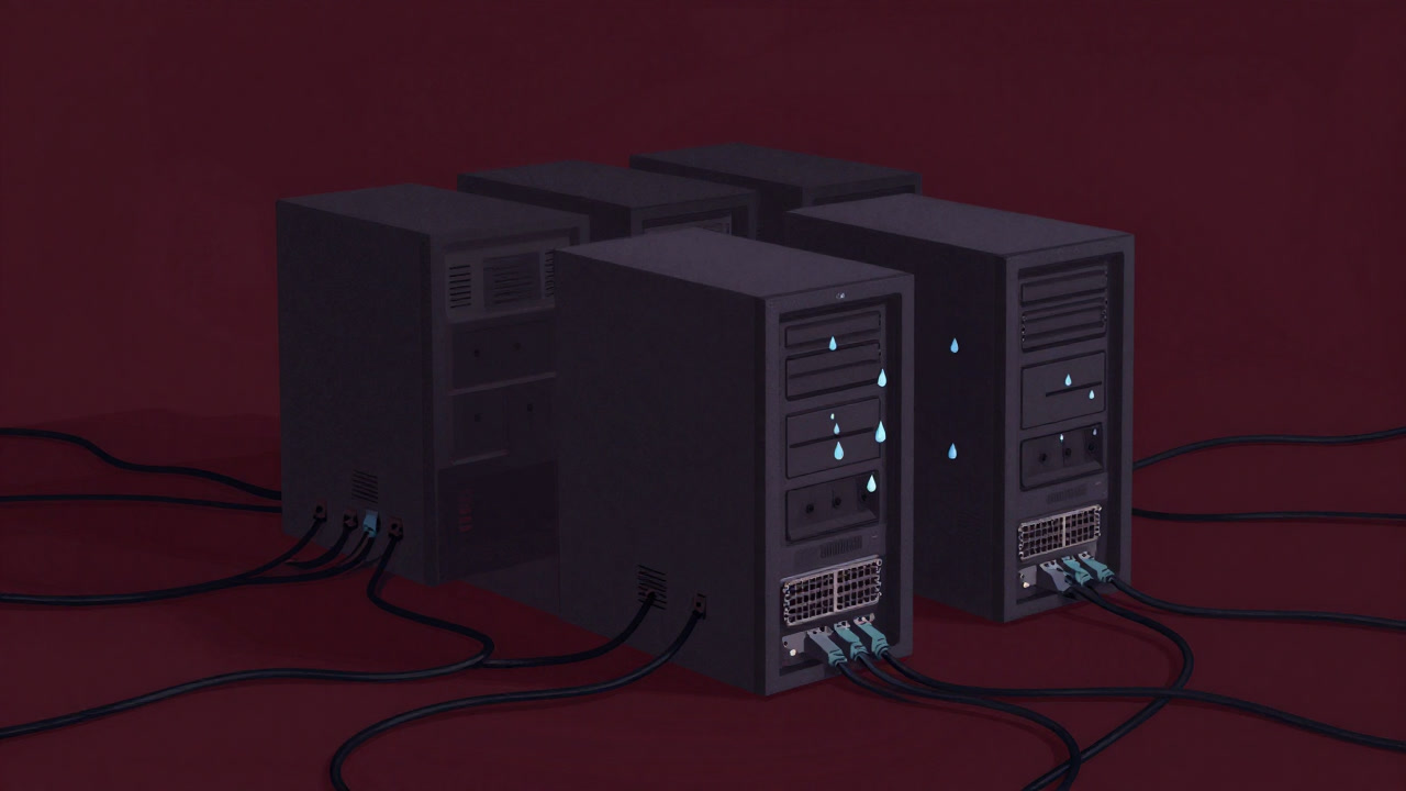 Illustration of a server sweating amid a tangle of complex cables