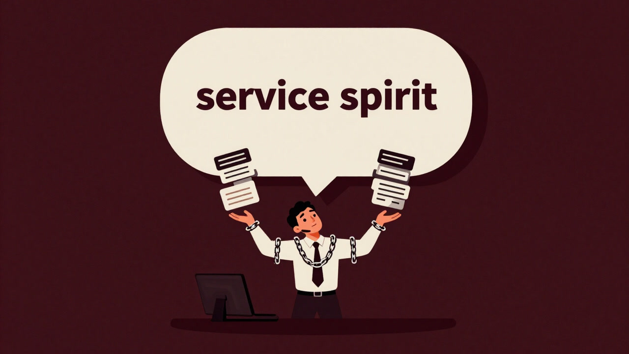 巨大な『サービス精神』と書かれたスピーチバブルに鎖で繋がれ、果てなき要望をジャグリングする疲れ果てたサービスワーカーの風刺画