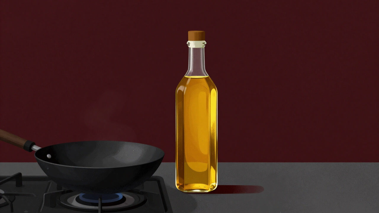 中華鍋で鮮やかな黄金色を放つごま油の瓶