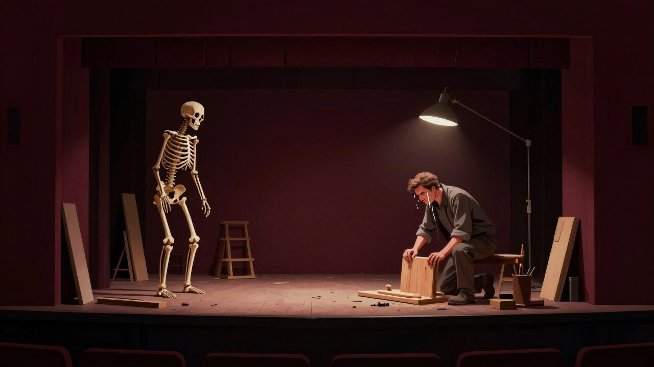 Image of a stage set skeleton illuminated by craftsperson’s sweat during a sleepless night, evoking solitude of the artisan.