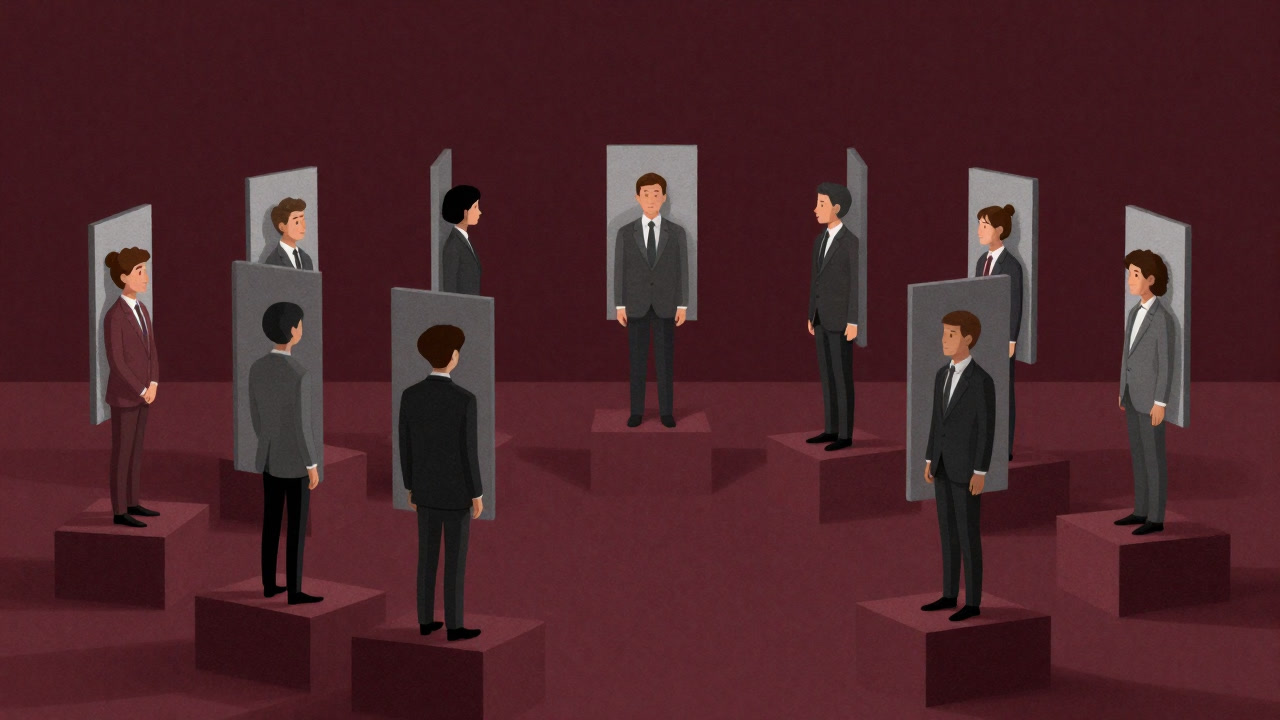 Illustration of participants dressed up and displayed on a pedestal, nervously lined up in a matchmaking hall