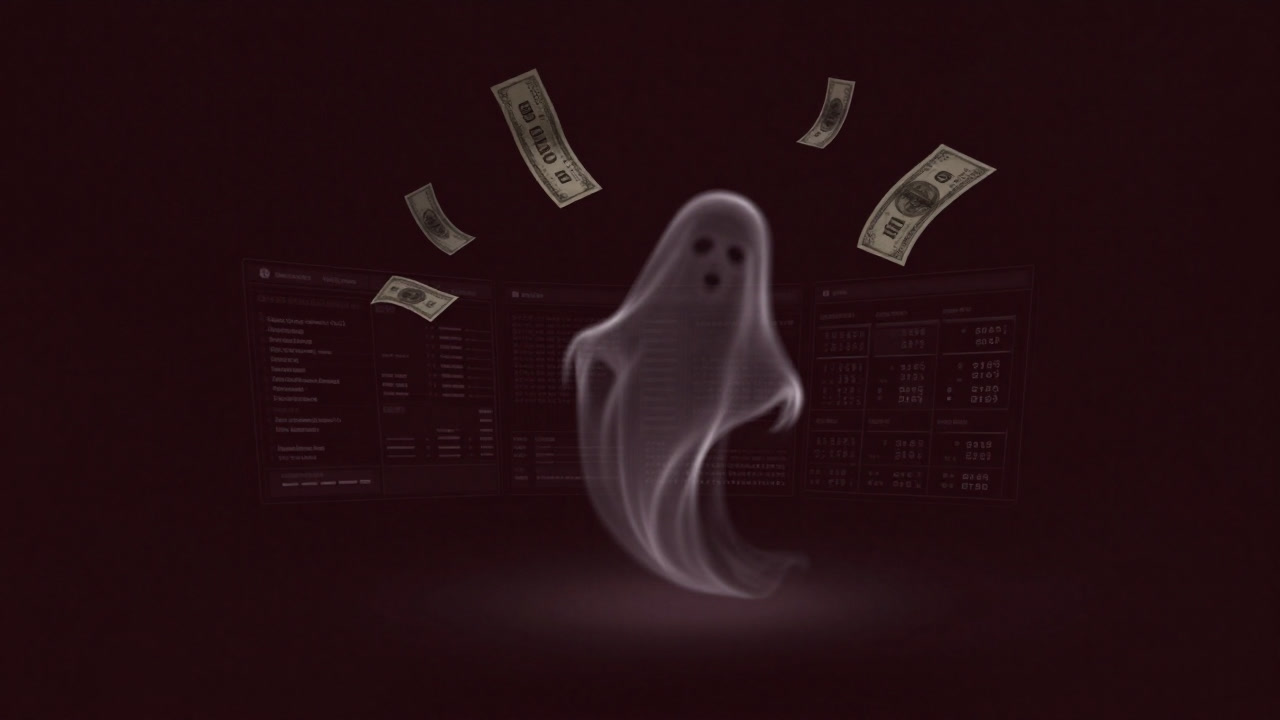 A dimly lit trading screen with ghostly floating funds vanishing into thin air