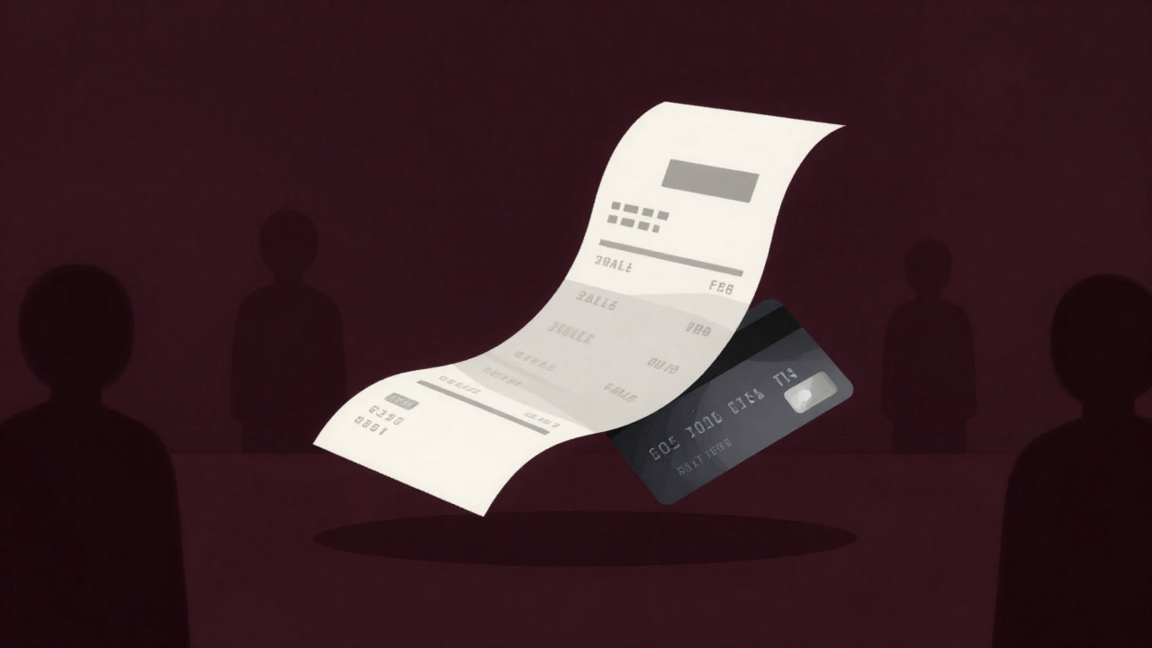 An image of a floating receipt and credit card against a backdrop of shifting dark shadows symbolizing ominous transactions
