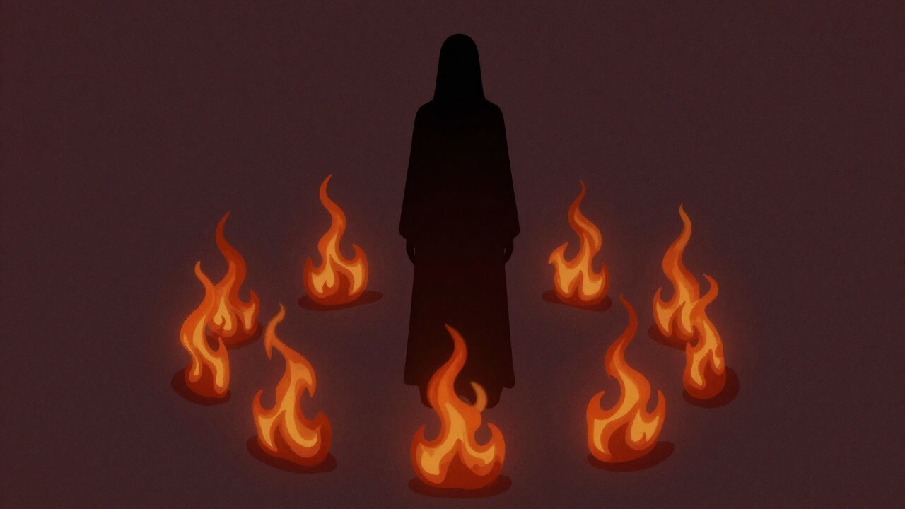 A shadowy figure standing within a ring of seven swirling flames