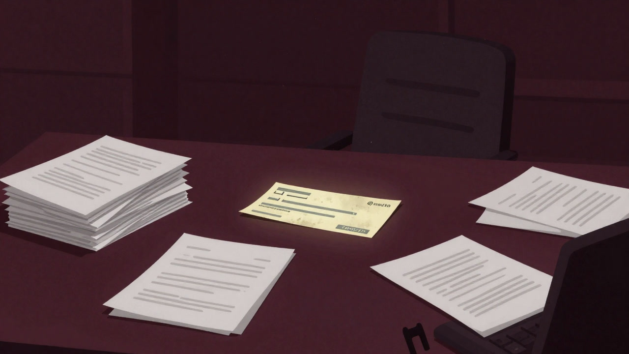 Illustration of a dusty check placed next to a stack of paperwork on a desk in a dim office.