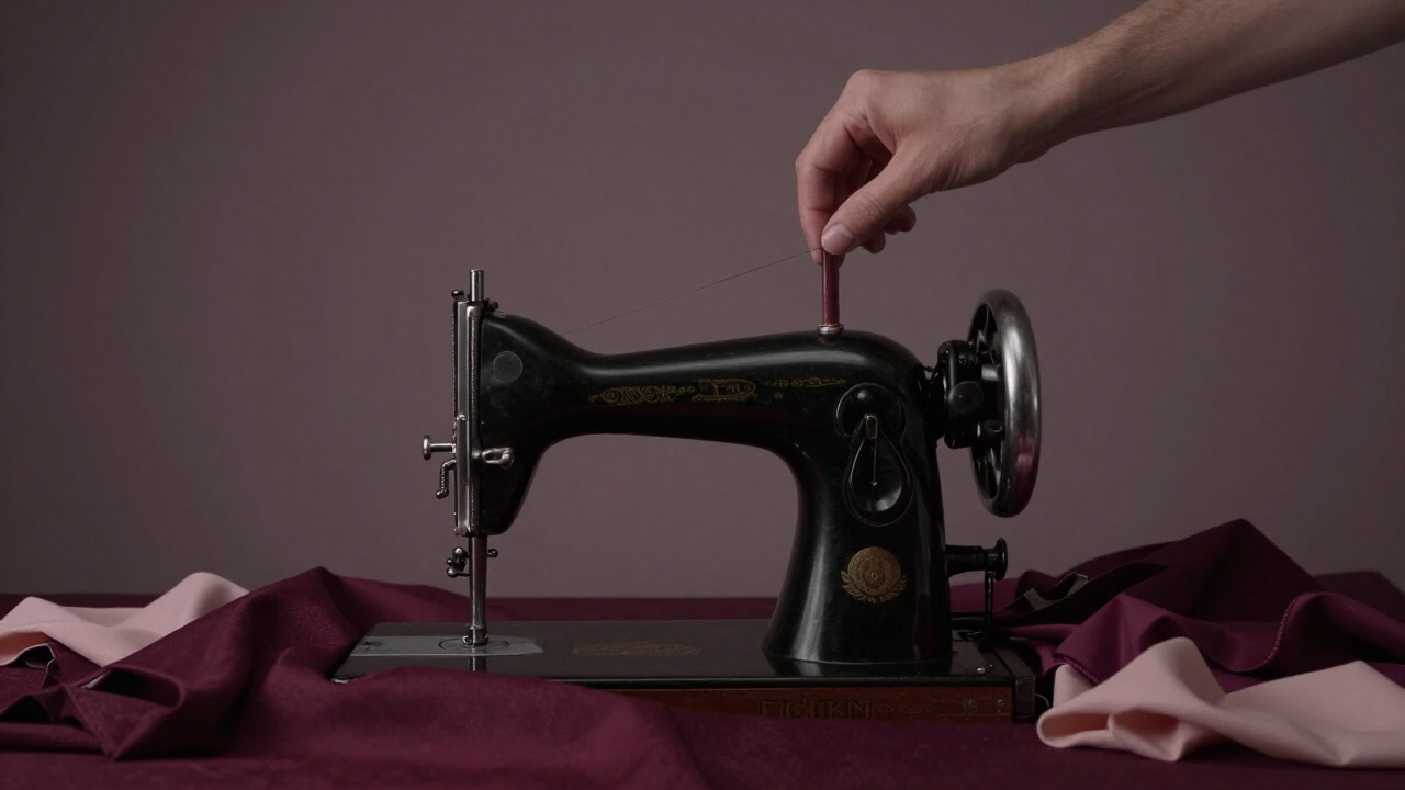 Photo of an old sewing machine surrounded by scattered fabrics, focusing only on fingertips threading a needle