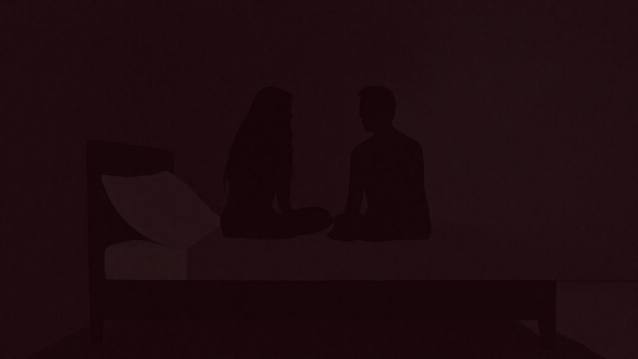 ぼんやりと照らされたベッドが、シルエットのみで性交を暗示するイラスト
