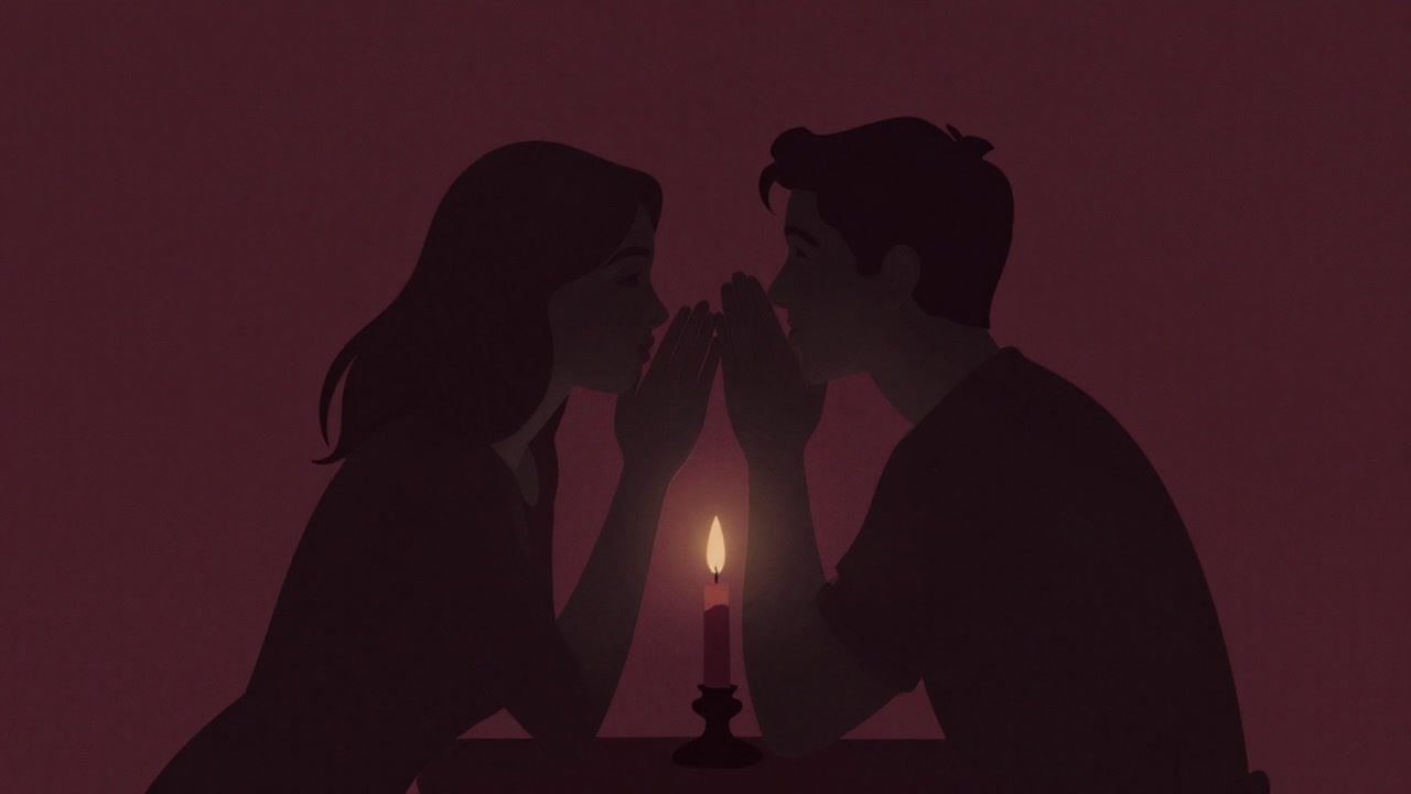 暗い部屋でロウソクの下、二人が言葉と視線で秘密をやり取りするシルエットの画像