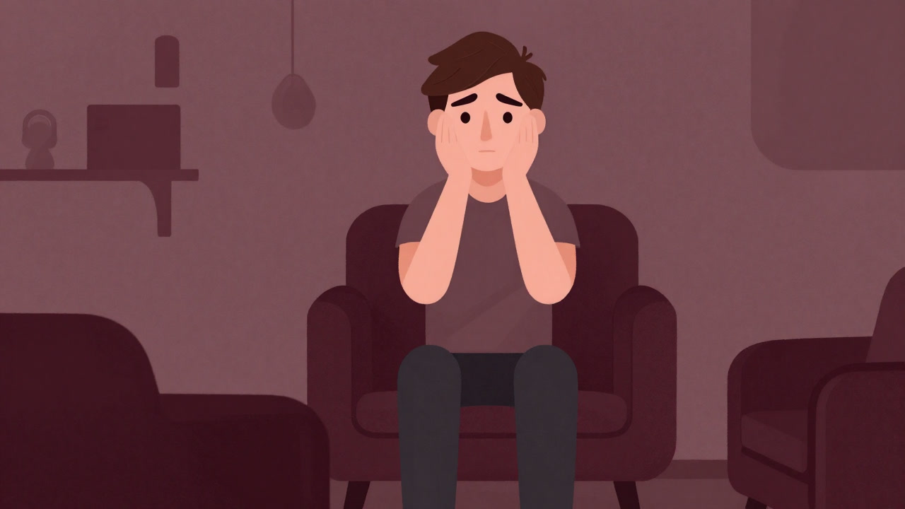 性の学び舎で不安と期待を同時に抱えた表情でカウンセリングルームに座る青年のイラスト