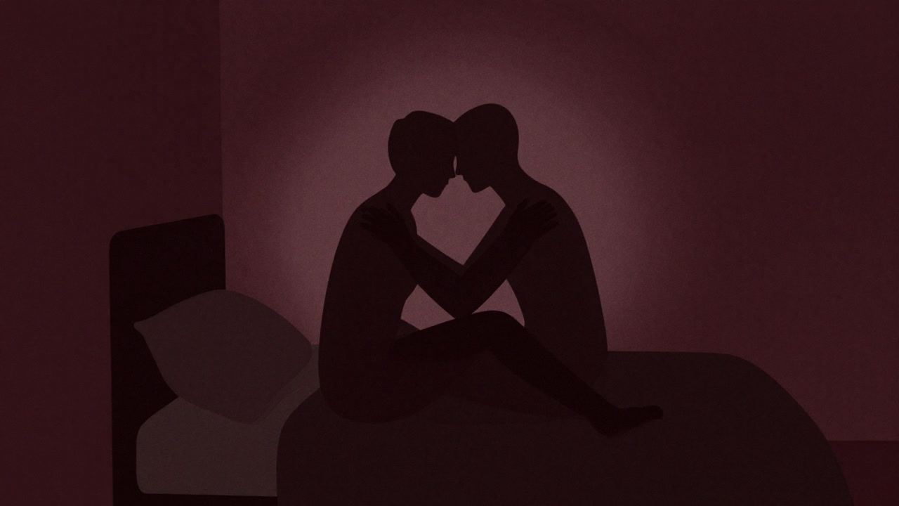 暗闇のベッドで人影とシルエットが絡み合うシンプルなイラスト