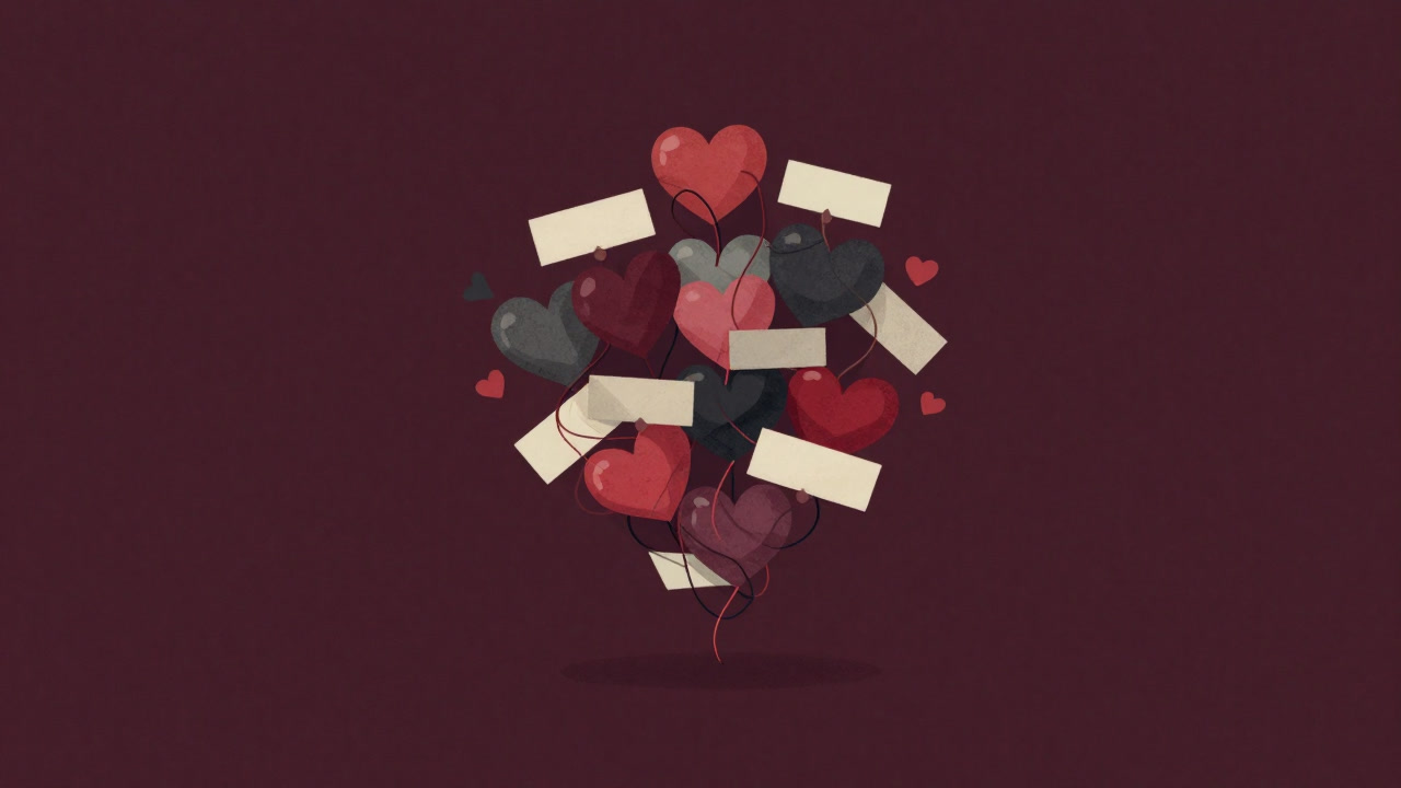 複数のカラフルな心が絡み合い、背景に謎めいたラベルが浮かぶイラスト