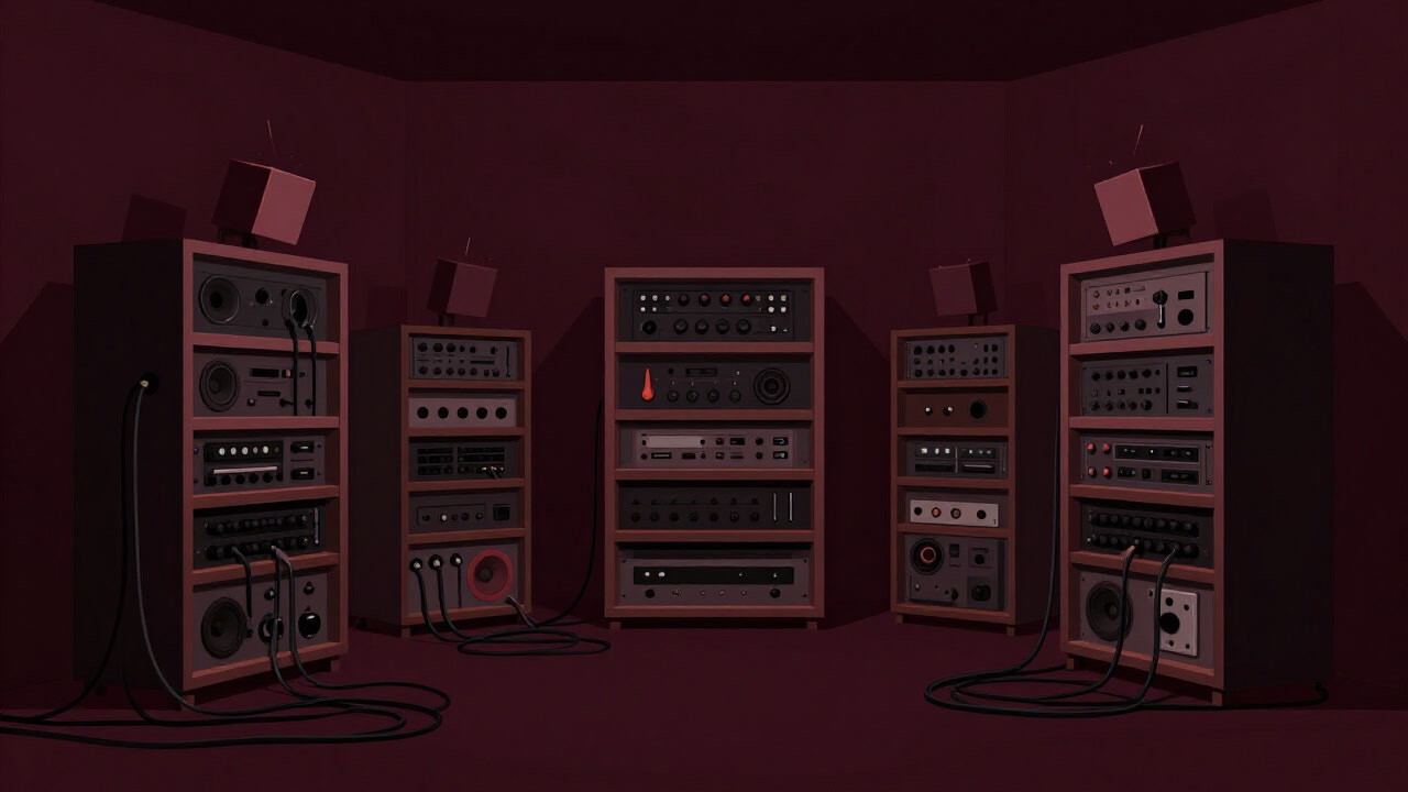 古びたサウンドブースの中で、ケーブルに絡まりながらも高らかに虚構の爆発音を奏でるサンプルライブラリの山の画像