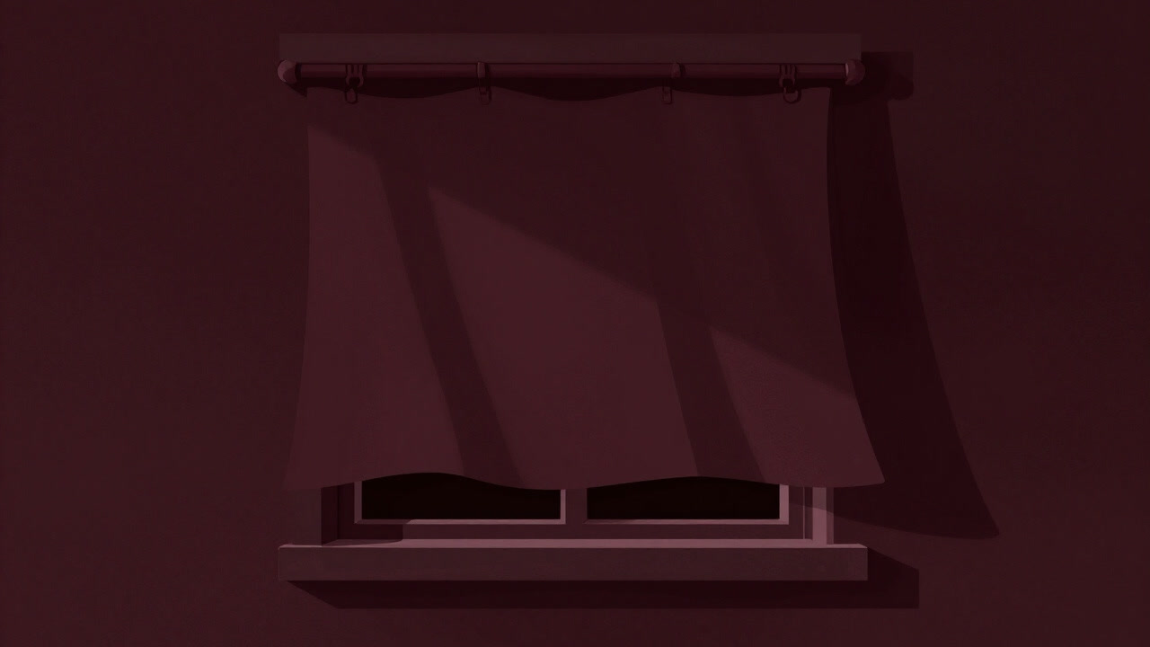 A dusty shade hanging by a window in a dim room, casting ominous shadows