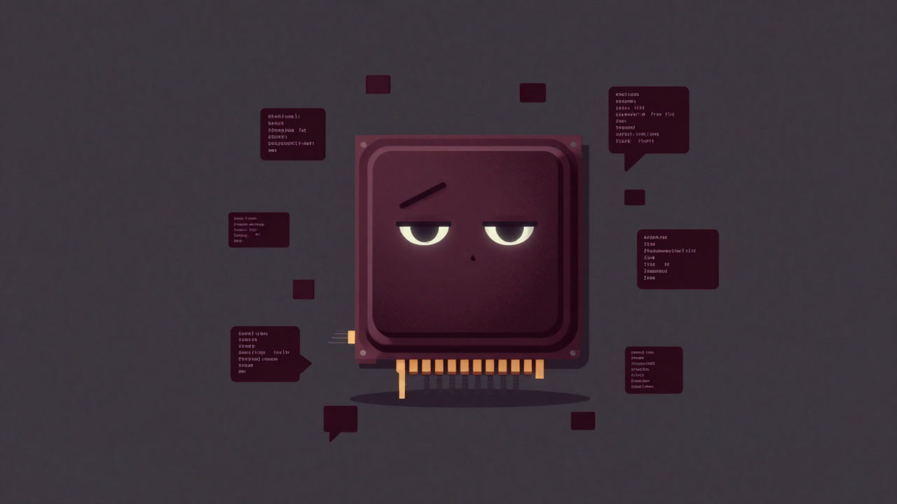 Illustration of code fragments floating over a GPU core, reflected in tired LED lamp eyes