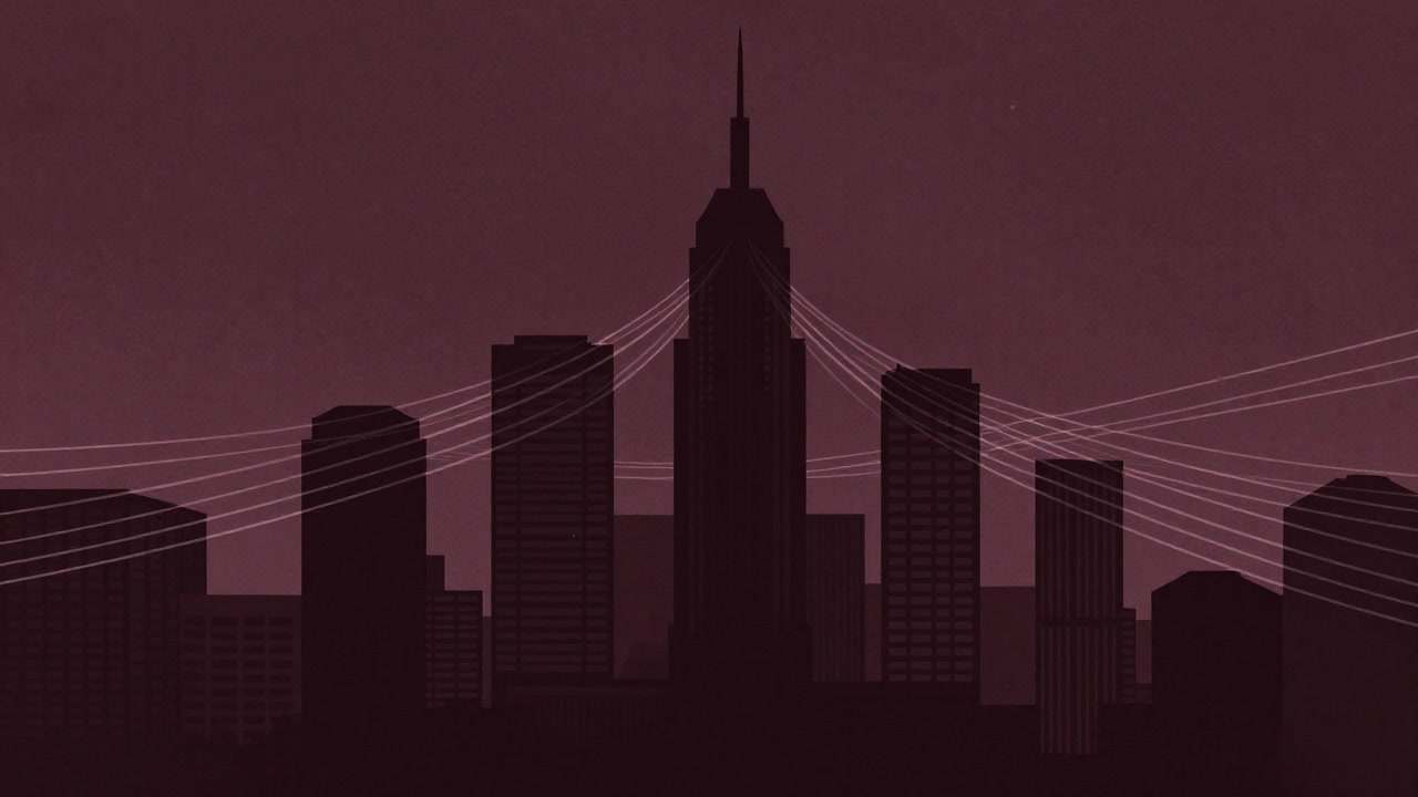 金融市場の闇で蠢く無数のケーブルが絡まるビル群のシルエットの画像