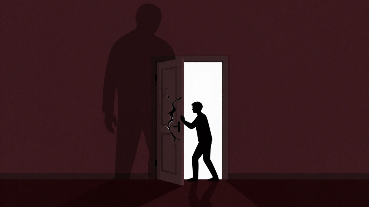 Illustration of a figure in a dark room forced to open a crumbling door of the mind, with a giant shadow silhouette looming behind them.