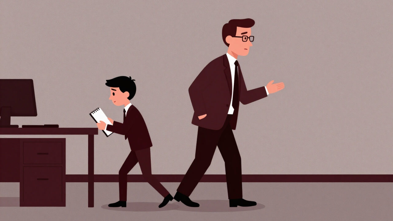 Illustration of a junior employee nervously holding a notepad behind a senior, intently observing from the shadows