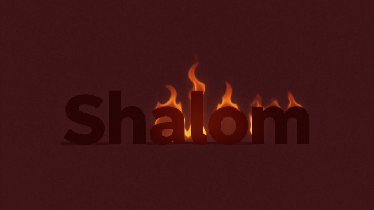 燃え盛る紛争の背景に、粉飾された平和を示すように掲げられた大きな文字「シャローム」の画像