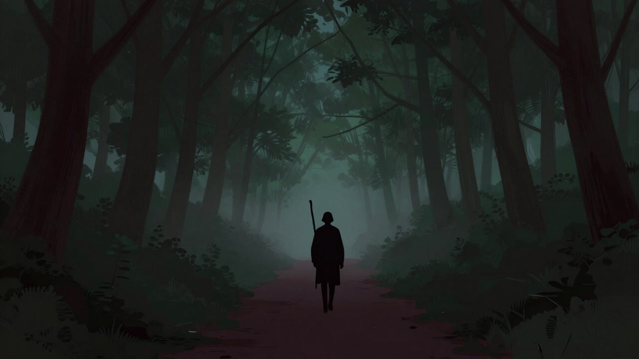 霧深い森の小道を杖を付きながら進むシルエットの旅人