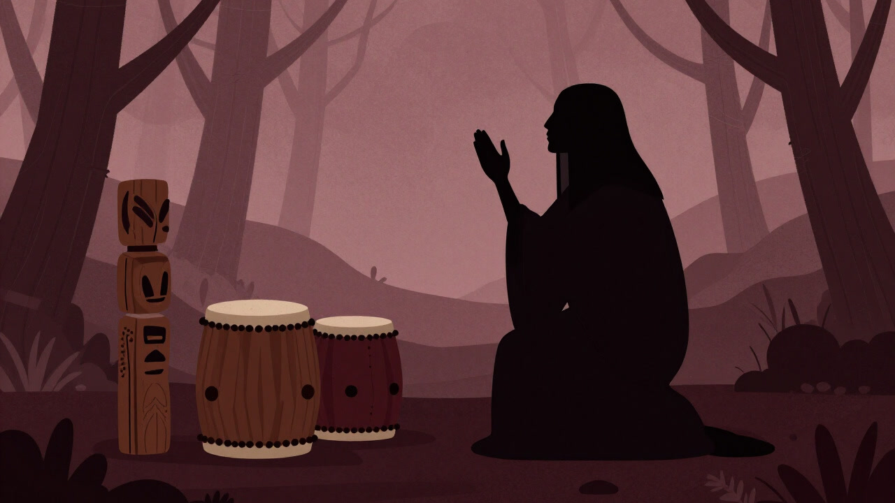 儀式用ドラムとトーテムの前で呪文を唱えるシャーマンのシルエット画像