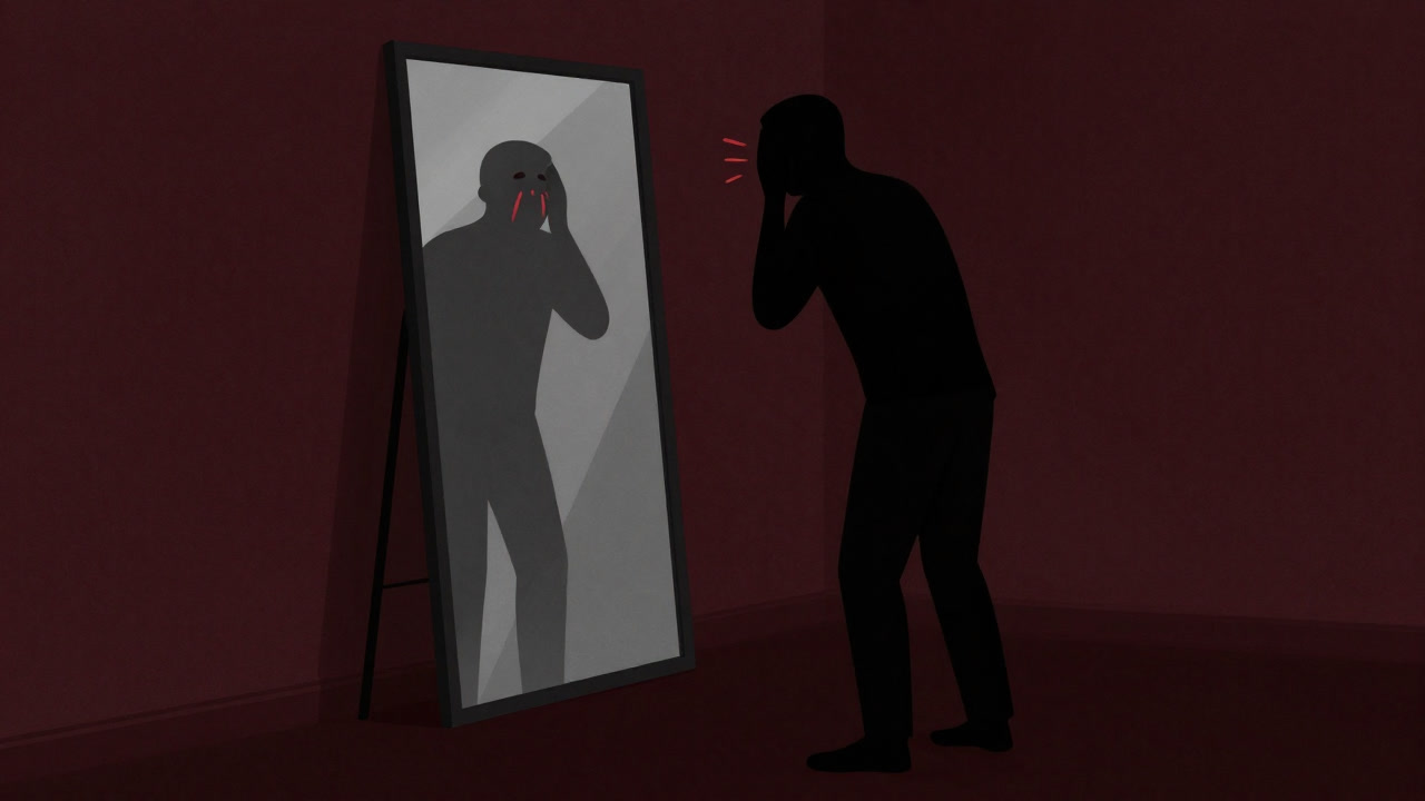 鏡の前で顔を赤らめ、視線から逃げようともがく人間のシルエット