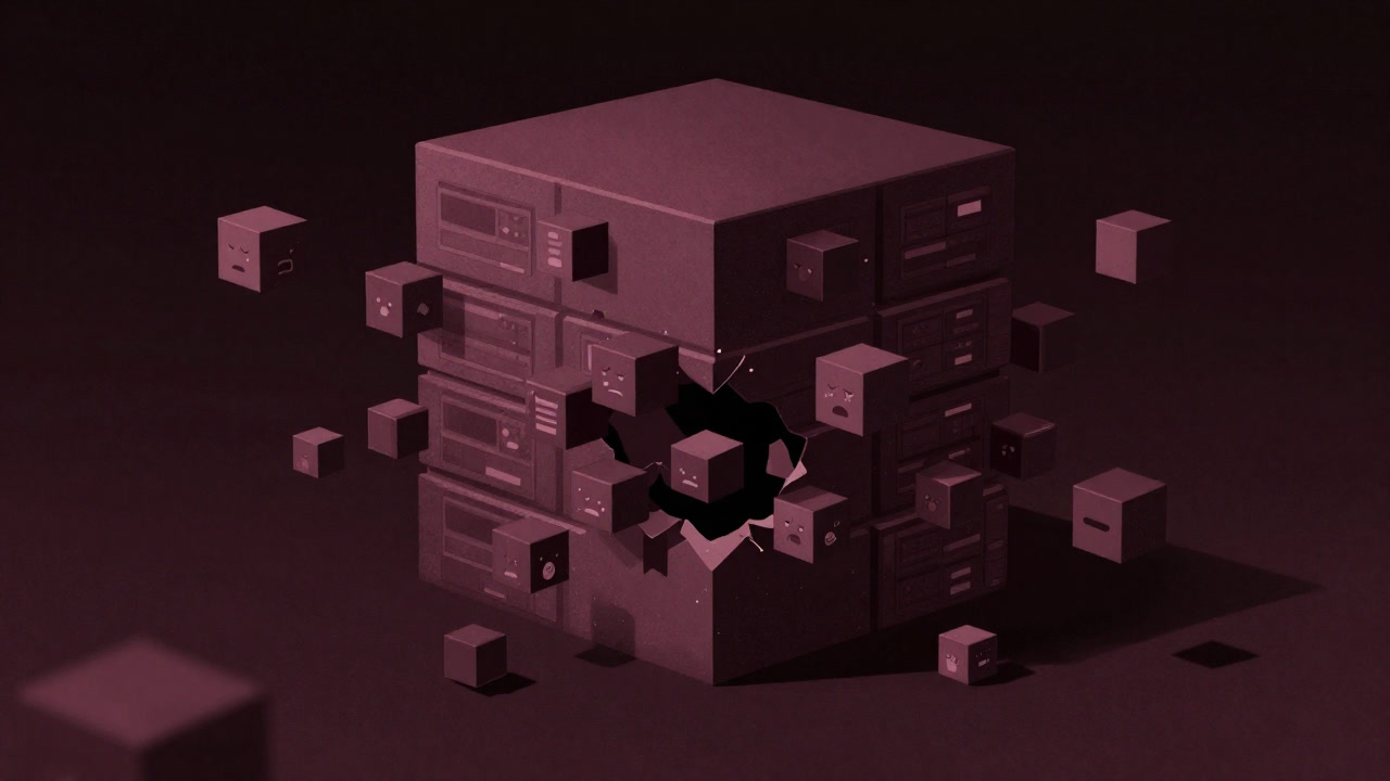 無数の小さなデータ片に引き裂かれる巨大なデータベースのイラスト