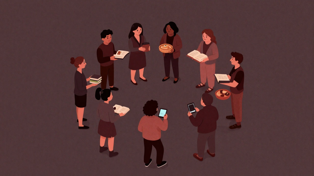 A comedic illustration of people forming a circle and exchanging various items to share