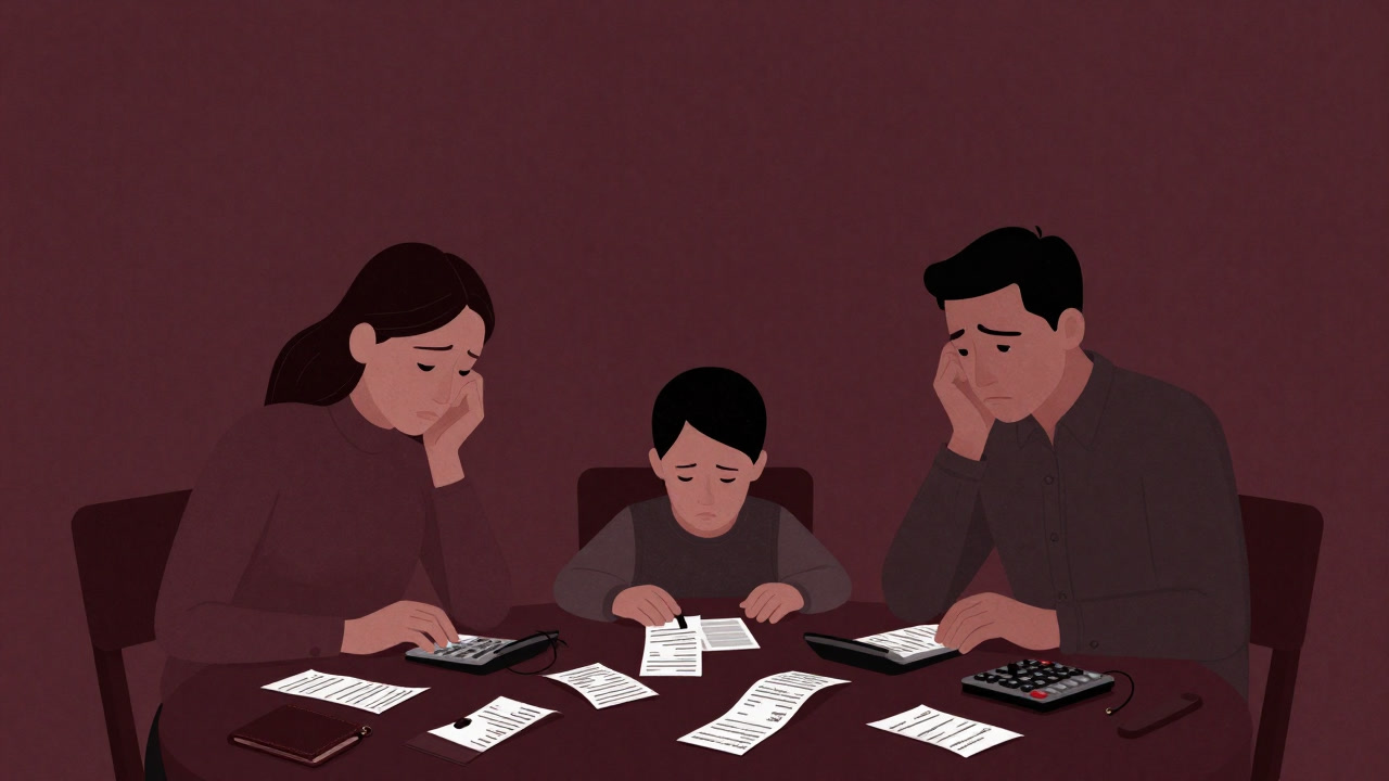 Image of a family calculating finances at a table filled with wallets and receipts