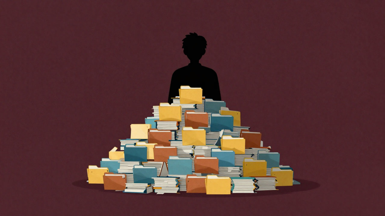 An illustration of a silhouette standing bewildered, buried under a pile of files with folder icons.