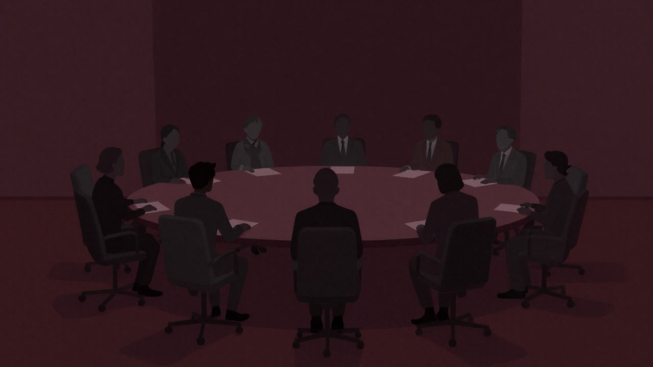 円卓を囲みながら結論を出せずに議論を続ける人々のシルエット