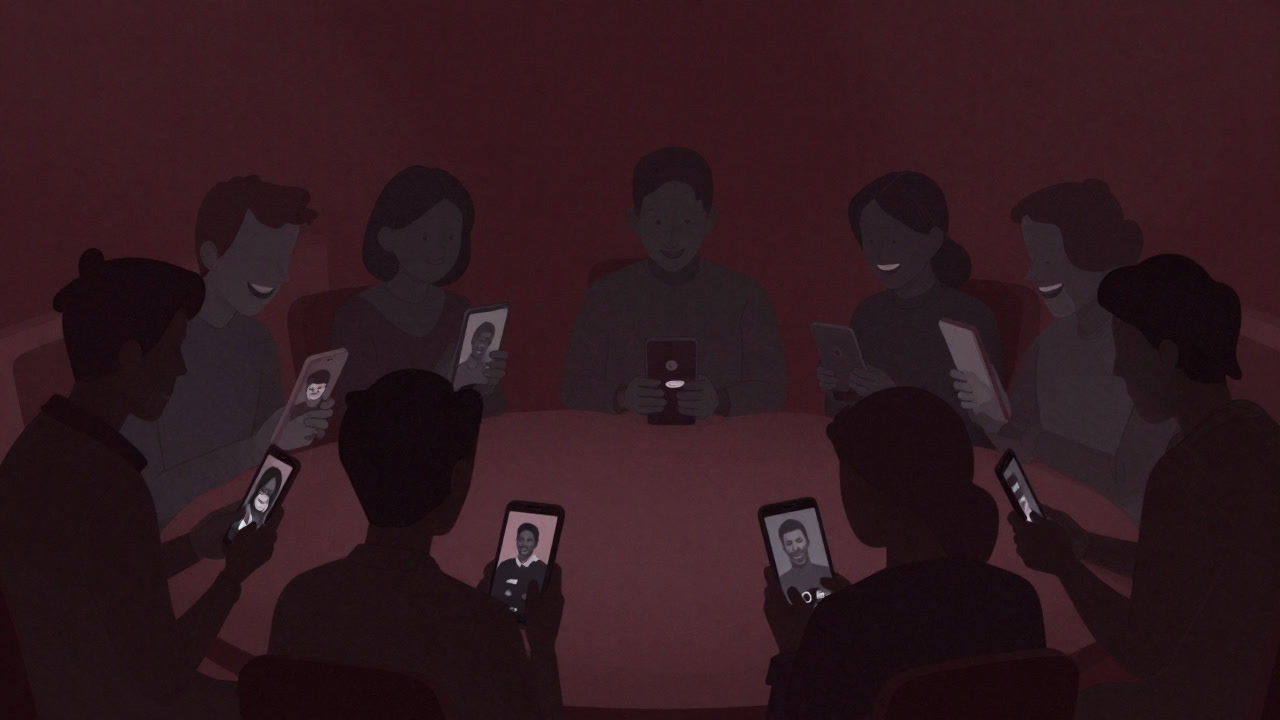 Silhouette of a group behind the scenes sharing smartphone screens with hollow smiles.
