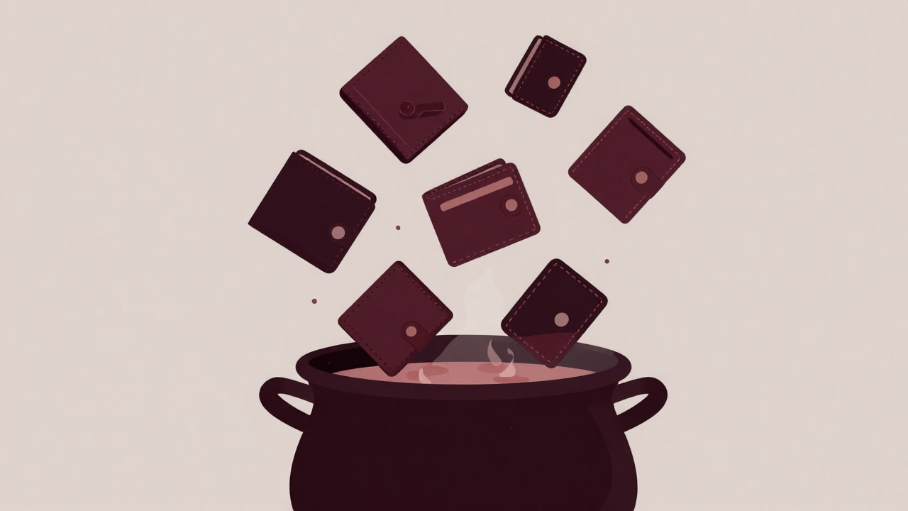 様々な財布が大きな鍋に投げ込まれ、ぐつぐつ煮えるイラスト