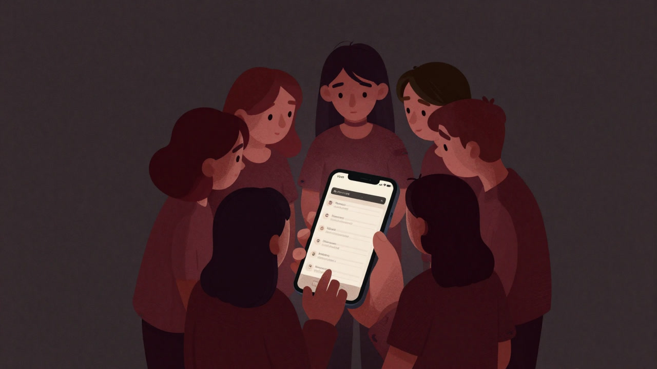 Illustration of friends huddled around a smartphone, peering at the screen.