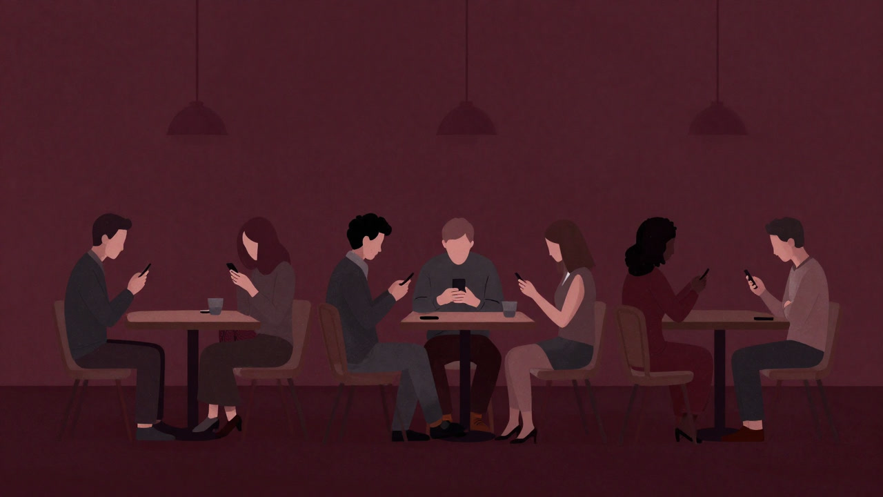 カフェの長テーブルを囲み、各自スマートフォンを覗き込む人々のイラスト
