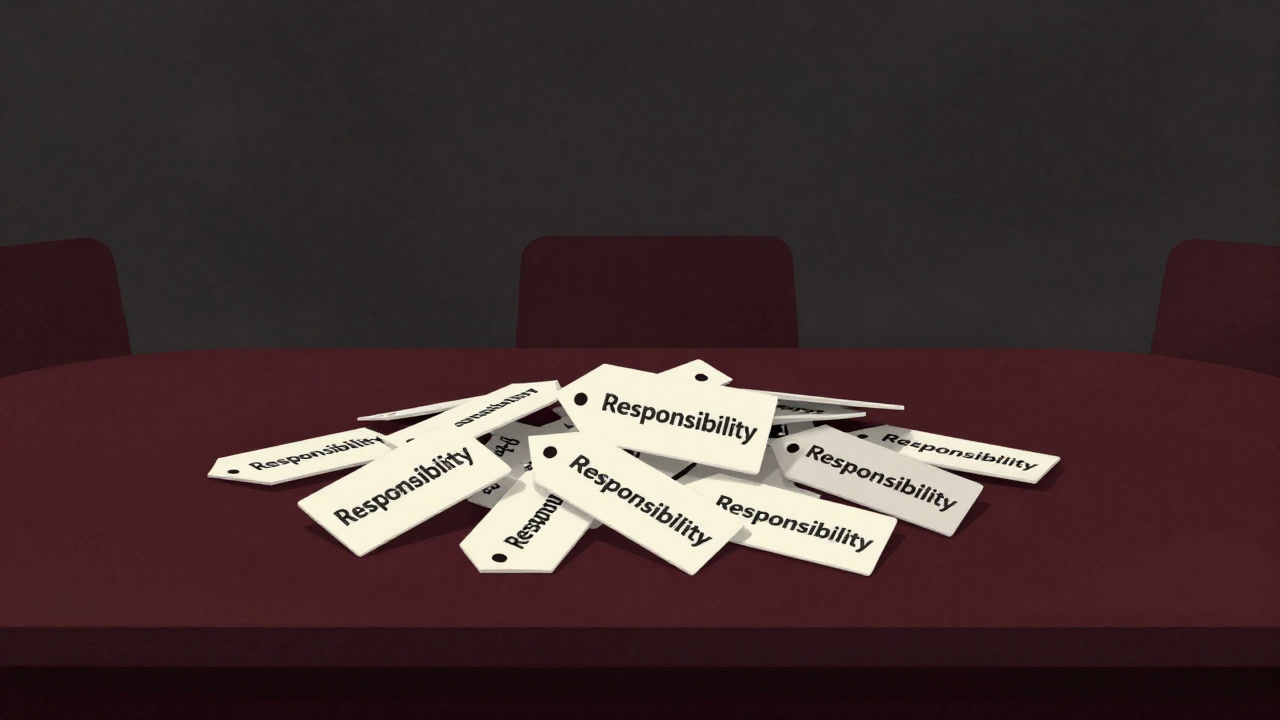 An illustration of piles of 'Responsibility' tags stacked on a conference table, grinning as if tickled.