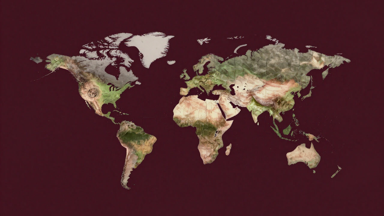 Illustration of multiple worlds shaped like puzzle pieces, forming a single map