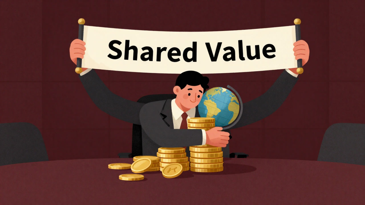 Illustration of an executive in a boardroom holding a banner reading 'shared value' while clutching company stock