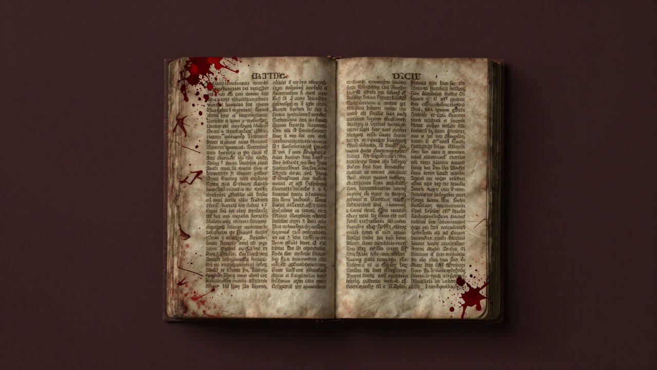 古い羊皮紙に手書きで条文がびっしり書かれ、隅に血のような赤いインクが飛び散ったイメージ