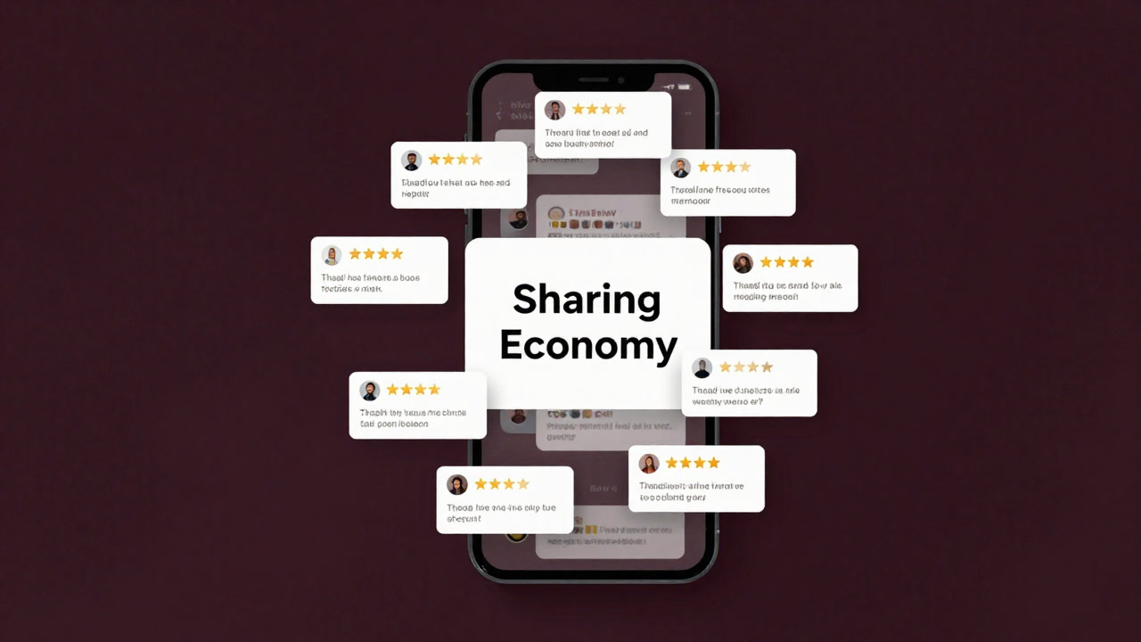 スマホ画面に大量のレビュー評価が渦巻き、中心に小さくシェアリングエコノミーの文字が浮かぶイラスト