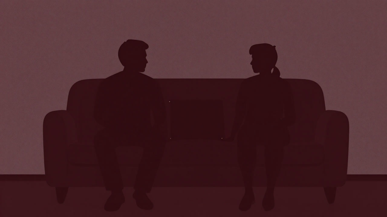 Silhouettes of people sitting on a couch showing each other their hobby items