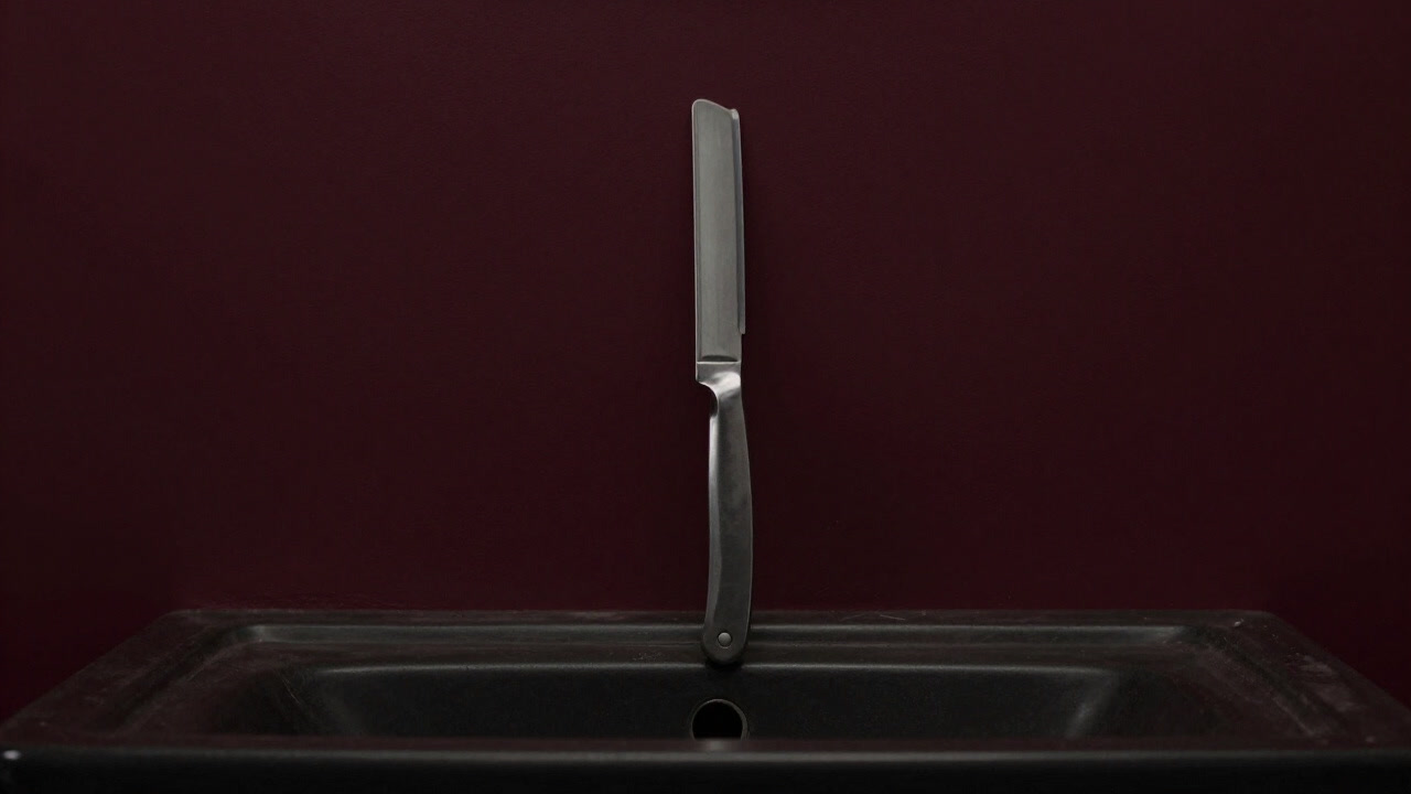 Photograph of a single razor ominously gleaming on a bathroom counter at night