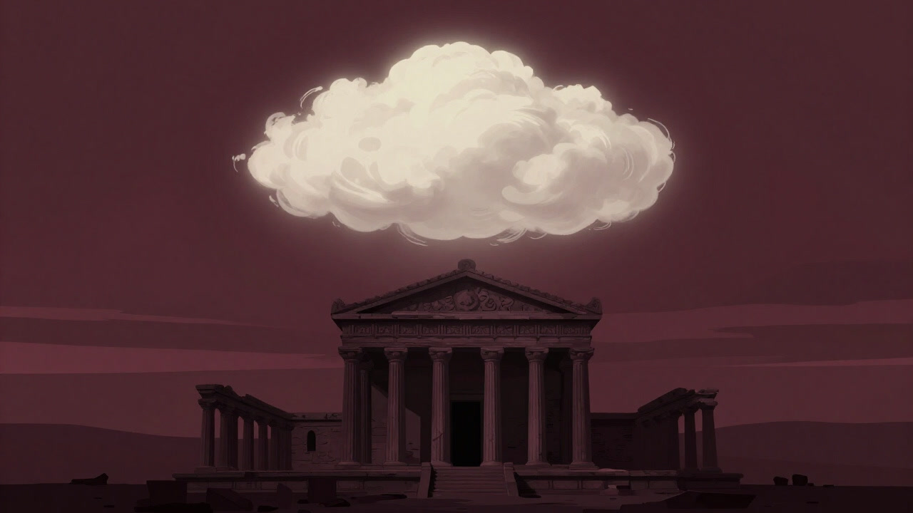 古代寺院の廃墟上に漂う神秘的な光の雲