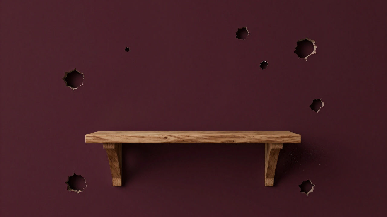 Image of a room with a half-installed shelf on a hole-ridden wall and dust floating in the air