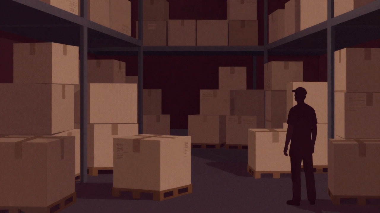 A mountain of cardboard boxes being shipped out of an overflowing warehouse, with a hollow-eyed worker silhouette watching.