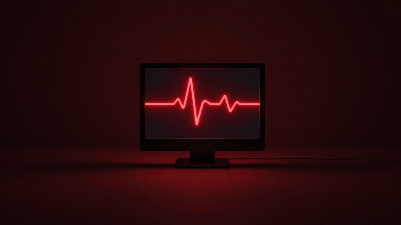 A monitor flashing a heartbeat in a dark room, evoking tension