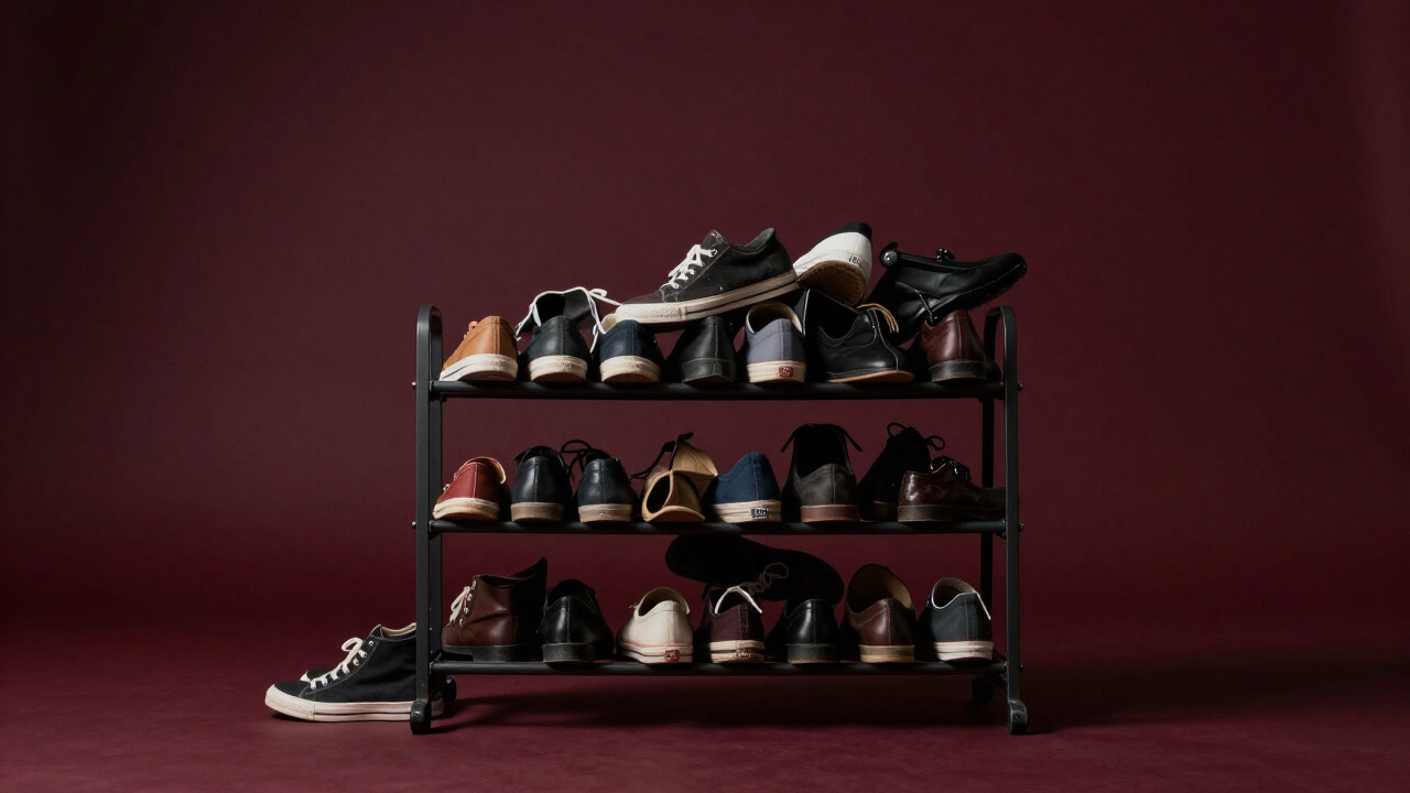 靴が山のように積まれ、悲鳴を上げるかのように傾いているシューラックの写真