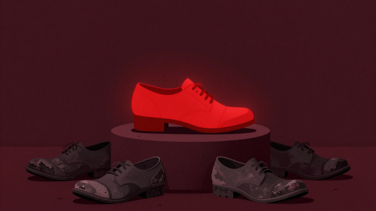 鮮やかな赤い靴が無数の古ぼけた履物に囲まれ、孤高の存在感を放つイラスト