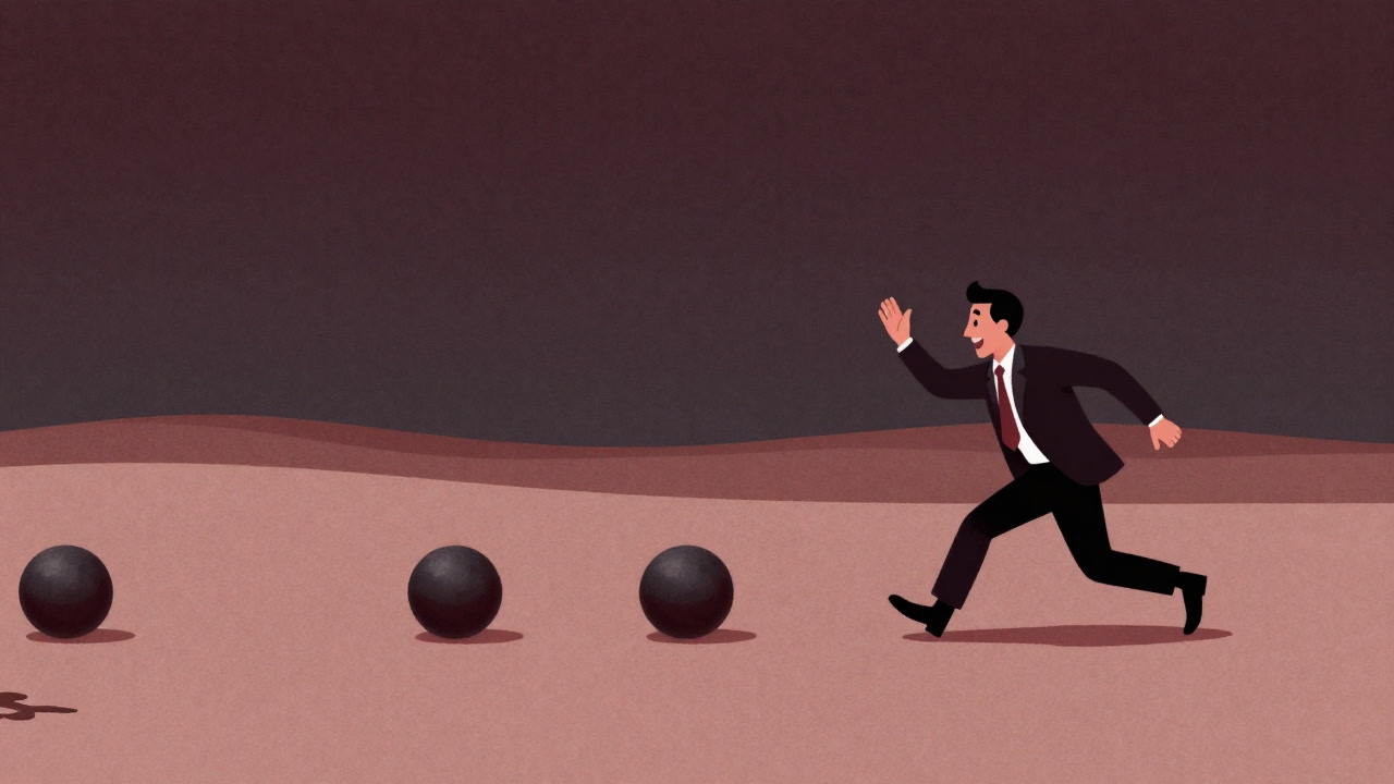 株式市場の荒野で、坂道を転がる空の担保の玉を必死に追いかけるトレーダーのイラスト
