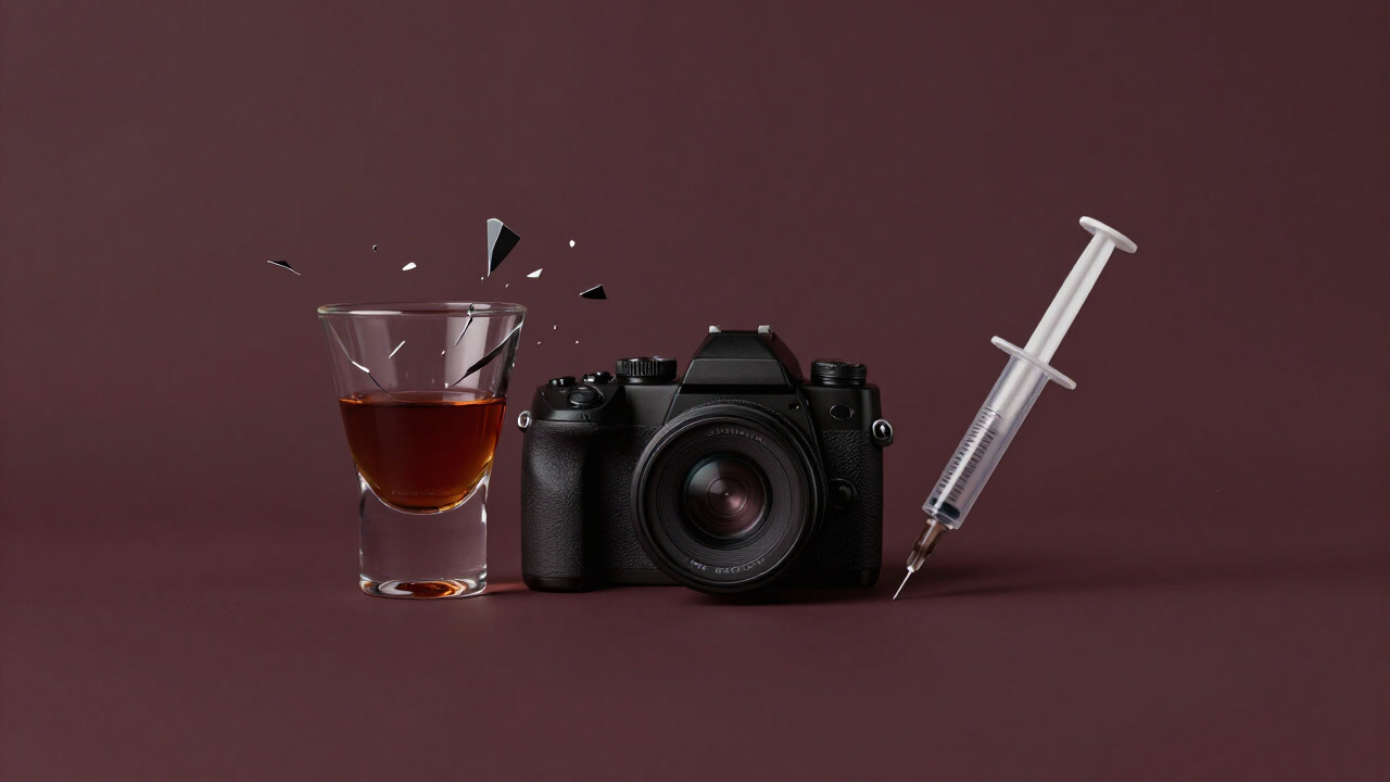 酒のショット、カメラのシャッター、注射器が渾然一体となったシュールなコラージュ